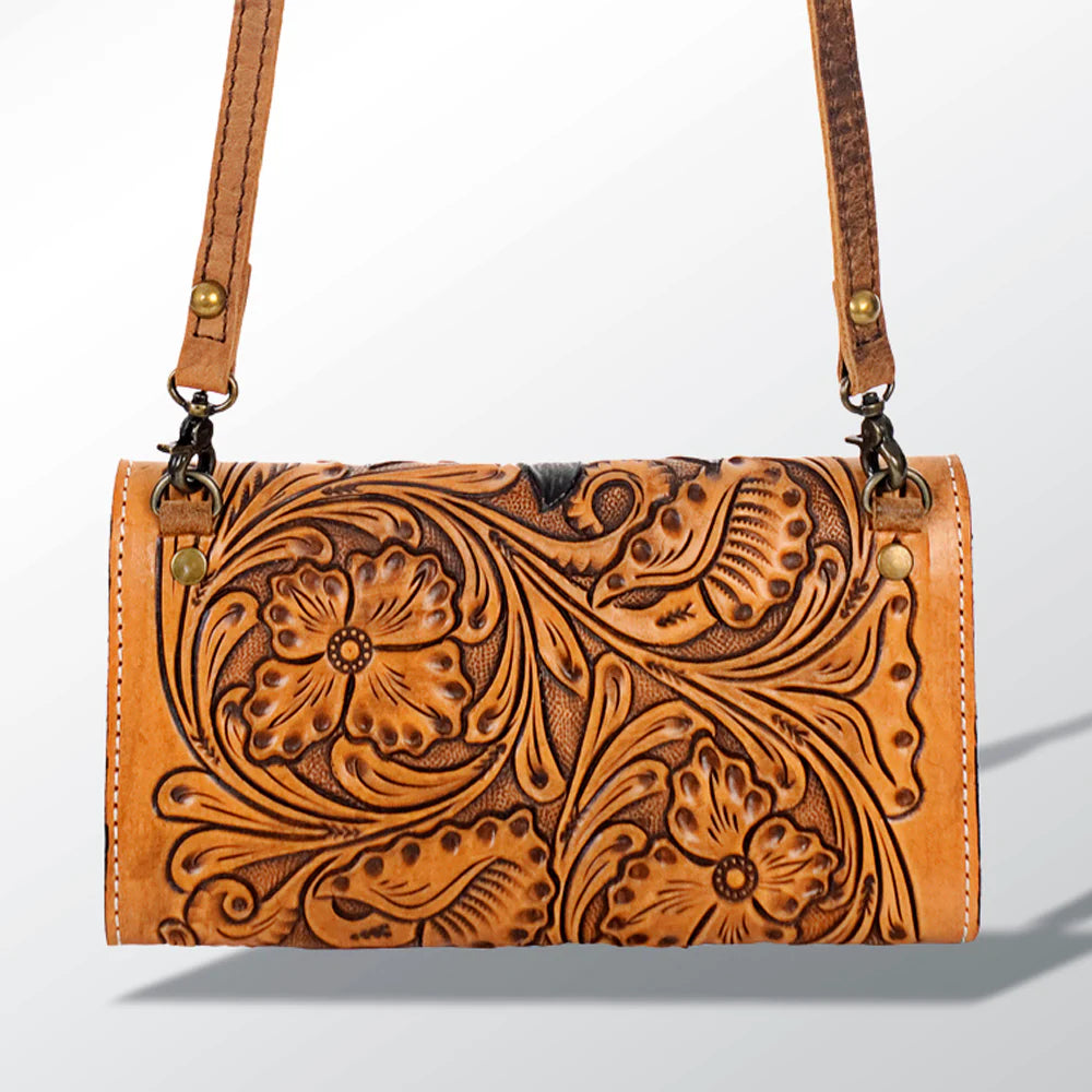 Wallet crossbody vista trasera con tooling floral completo