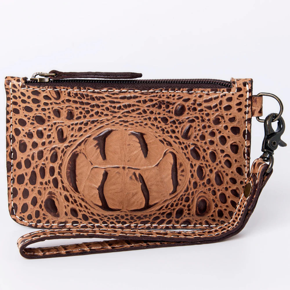 Wristlet cuero textura cocodrilo vista frontal plana