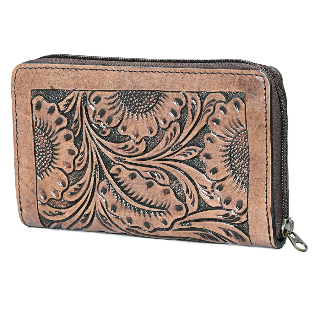 Cartera zip-around cuero tooling girasoles vista frontal en Ã¡ngulo