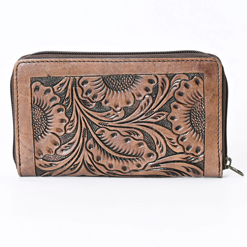 Cartera zip-around cuero tooling girasoles vista frontal plana