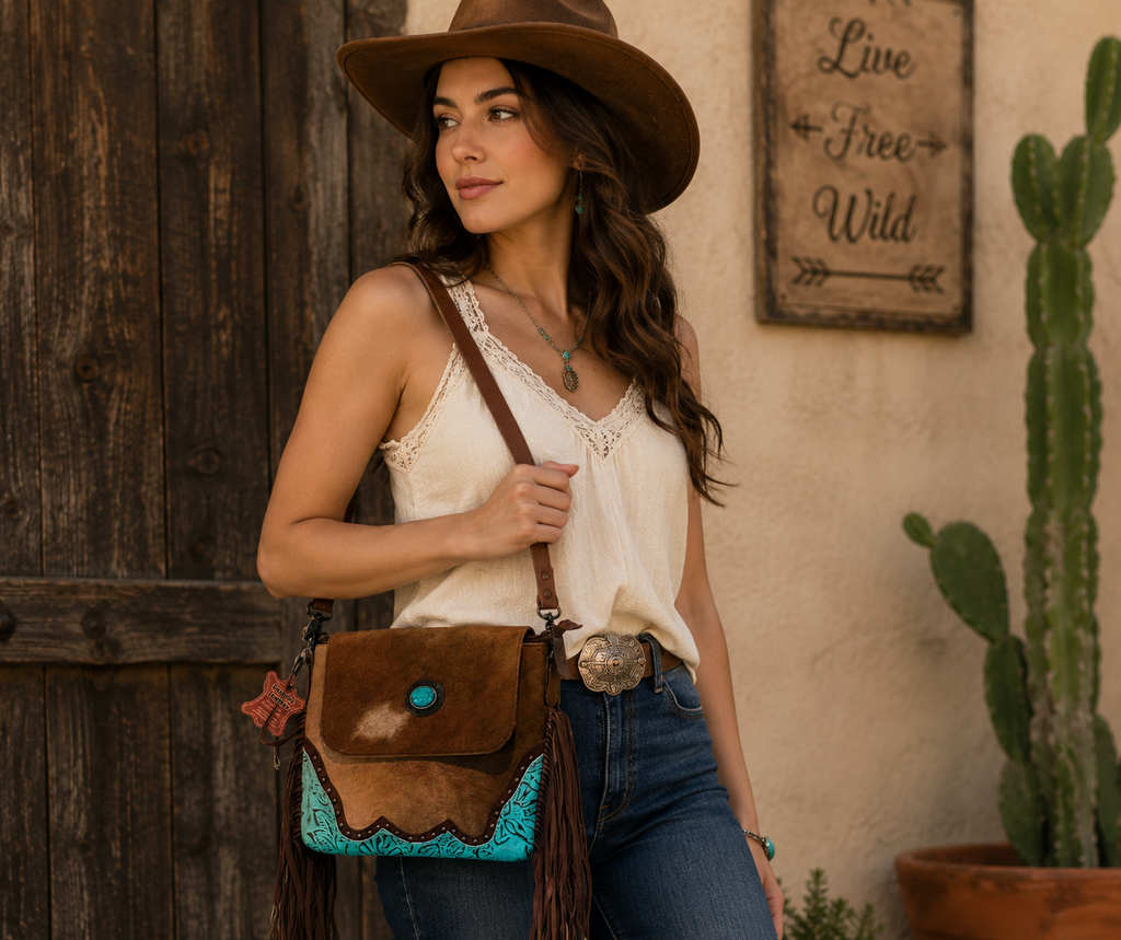 Western Crossbody Bag with Fringe — Wine/Brown