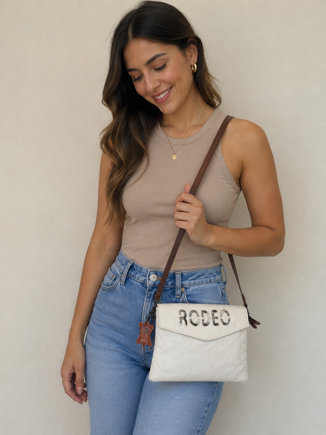 Bolsa Crossbody RODEO  | Cowhide Blanco & Cuero Café | Western Style