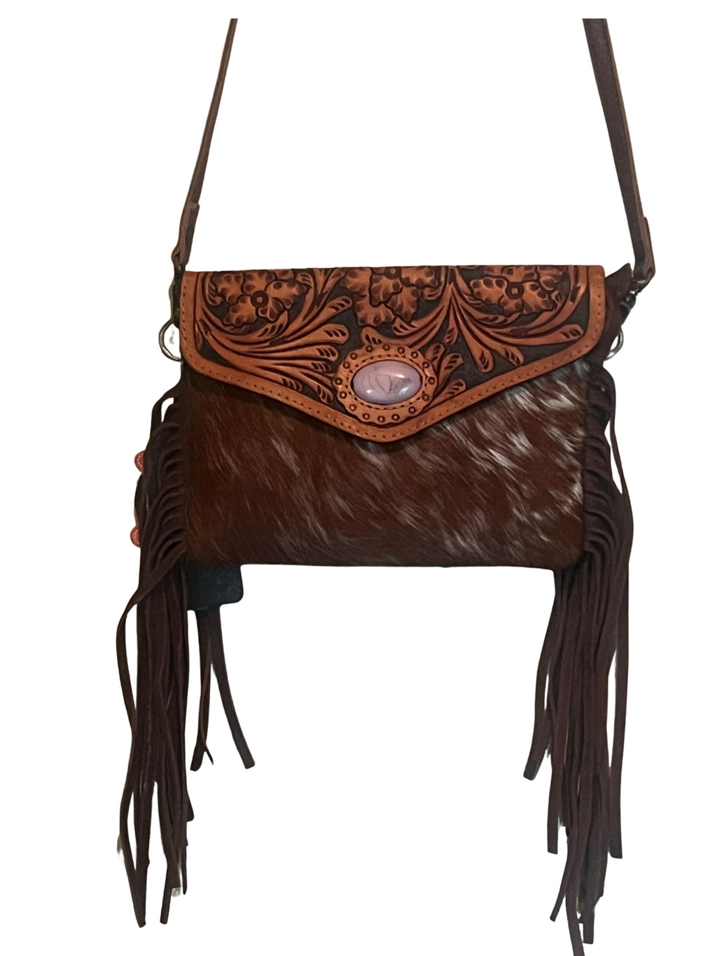 Western Crossbody Bag | Floral Tooling, Pink Concho & Fringe | Handmade