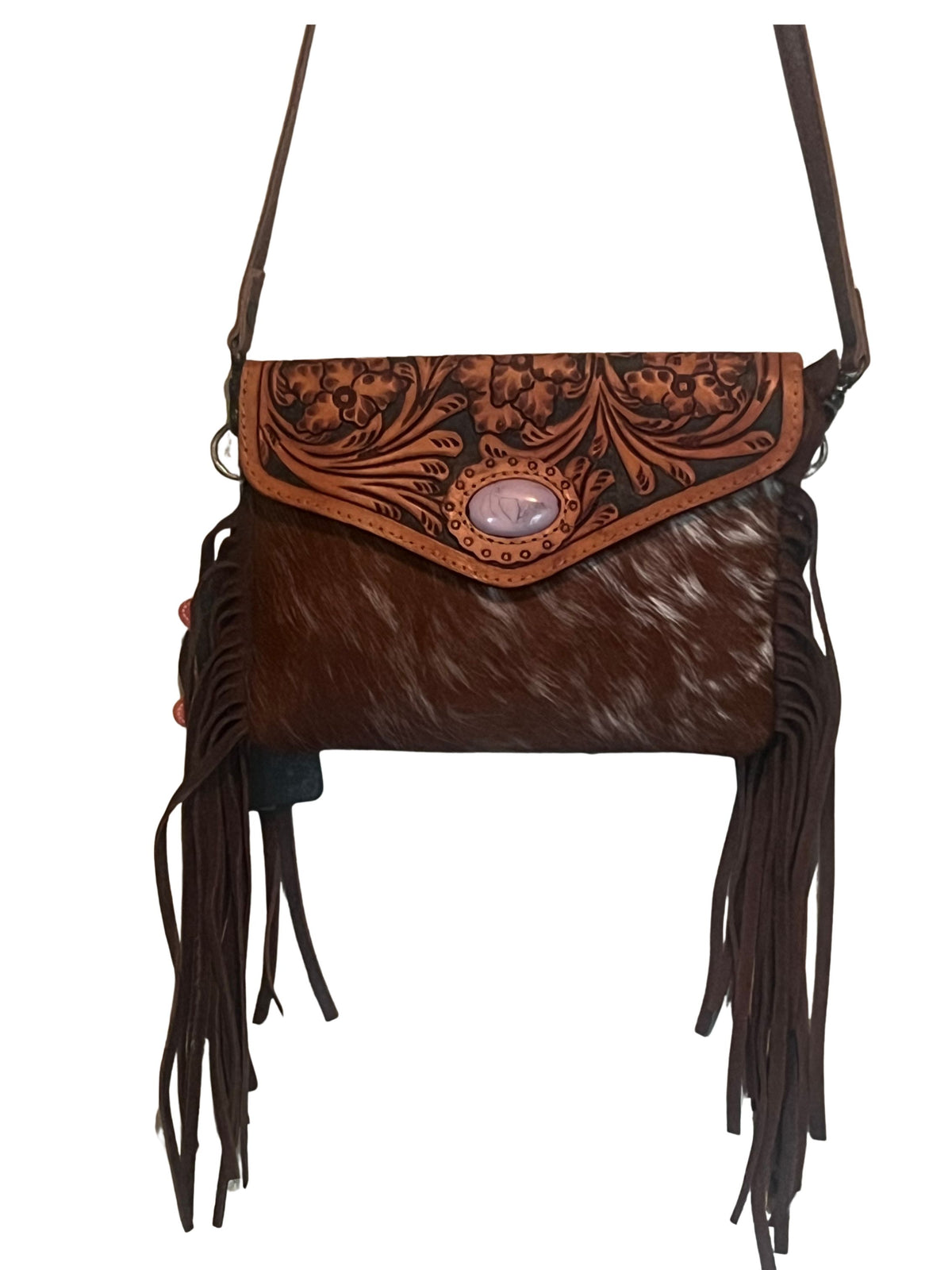 Western Crossbody Bag | Floral Tooling, Pink Concho & Fringe | Handmade