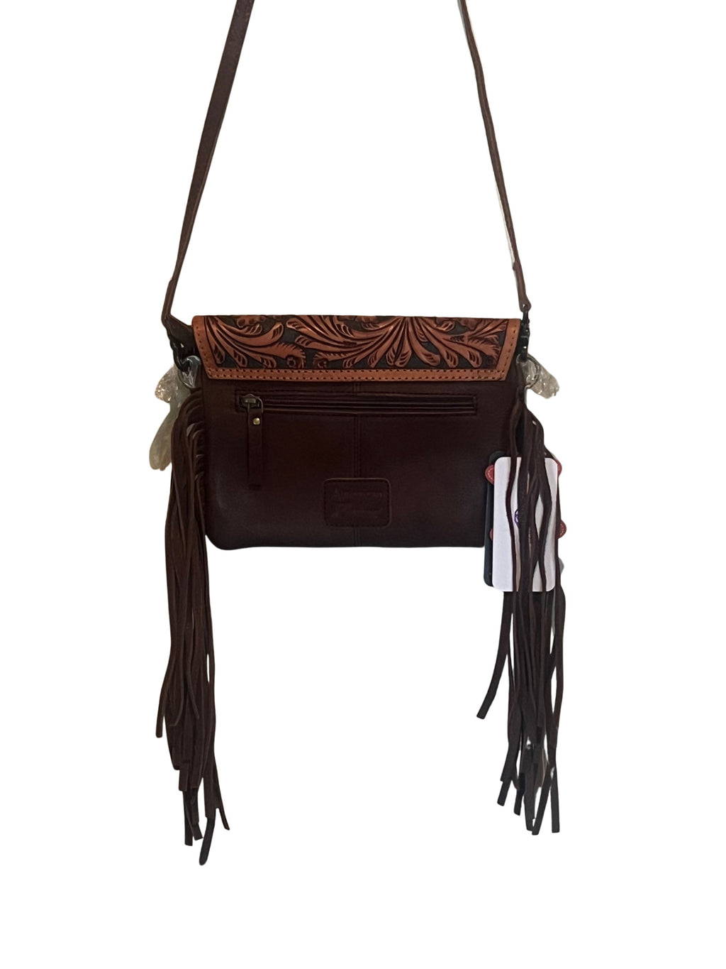 Western Crossbody Bag | Floral Tooling, Pink Concho & Fringe | Handmade