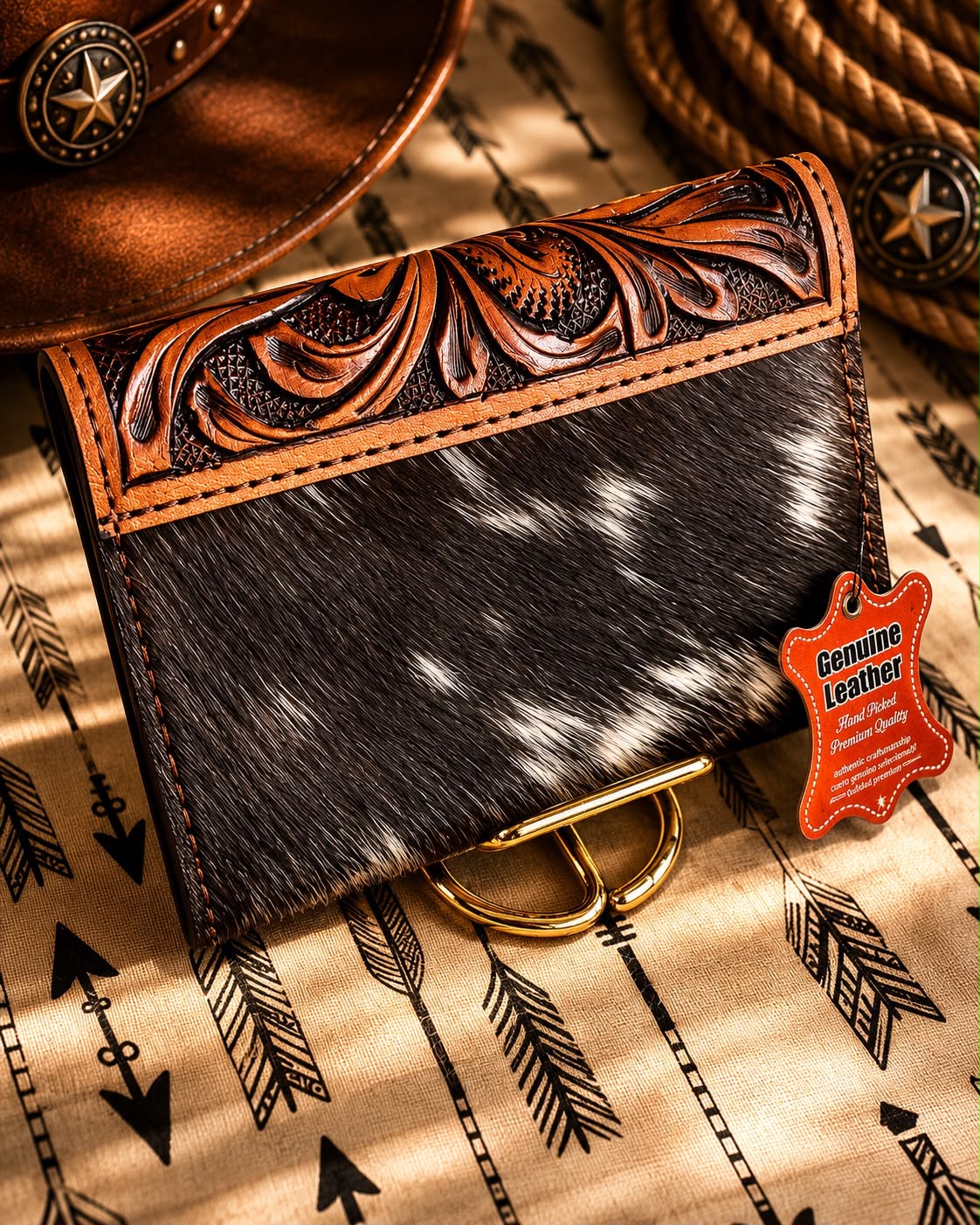 Western Leather Wallet with Cowhide Hair Patch