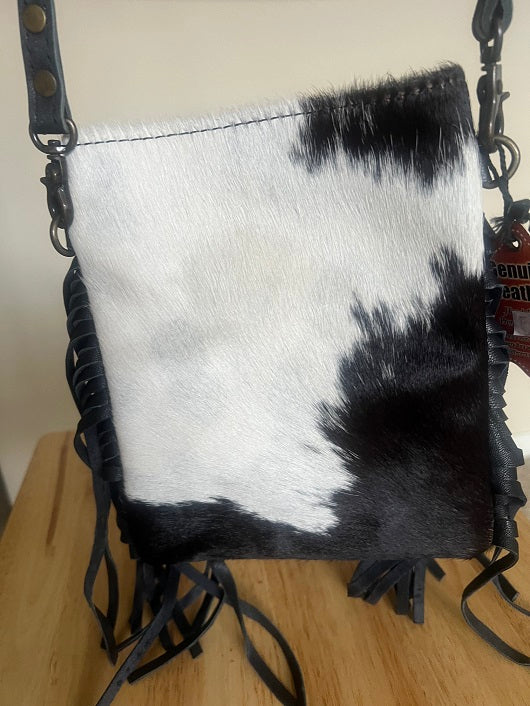 Black & White Cowhide Crossbody Bag with Fringe