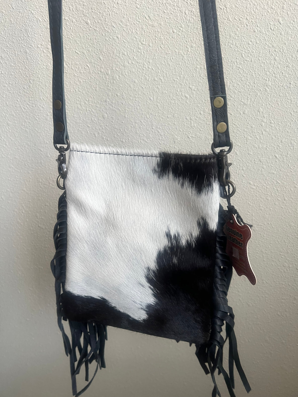 Black & White Cowhide Crossbody Bag with Fringe