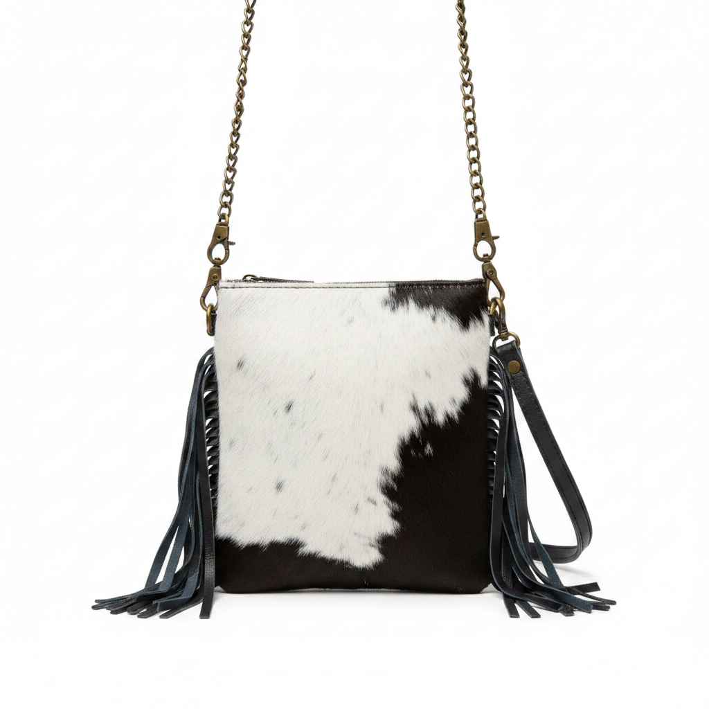 Bolsa crossbody cowhide blanco y negro vista frontal