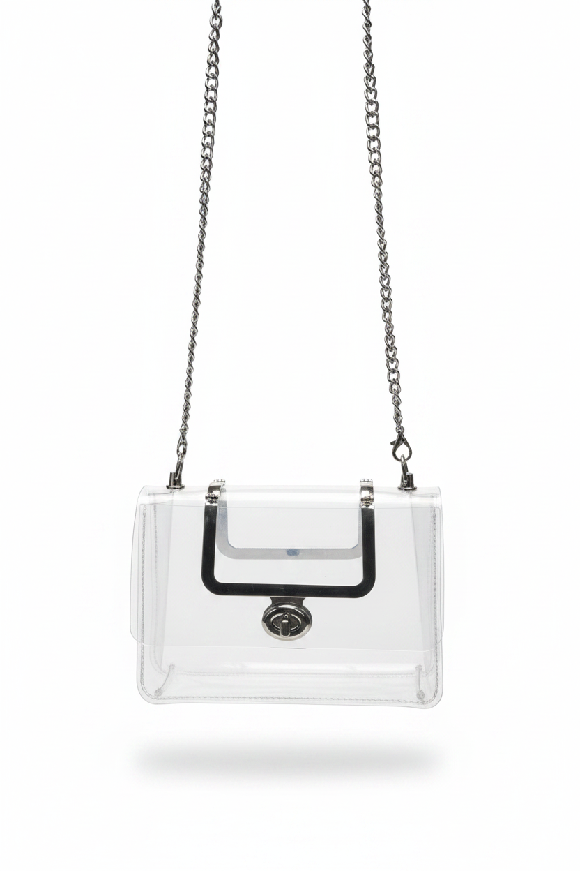 Bolsa transparente crossbody cadena plateada fondo blanco