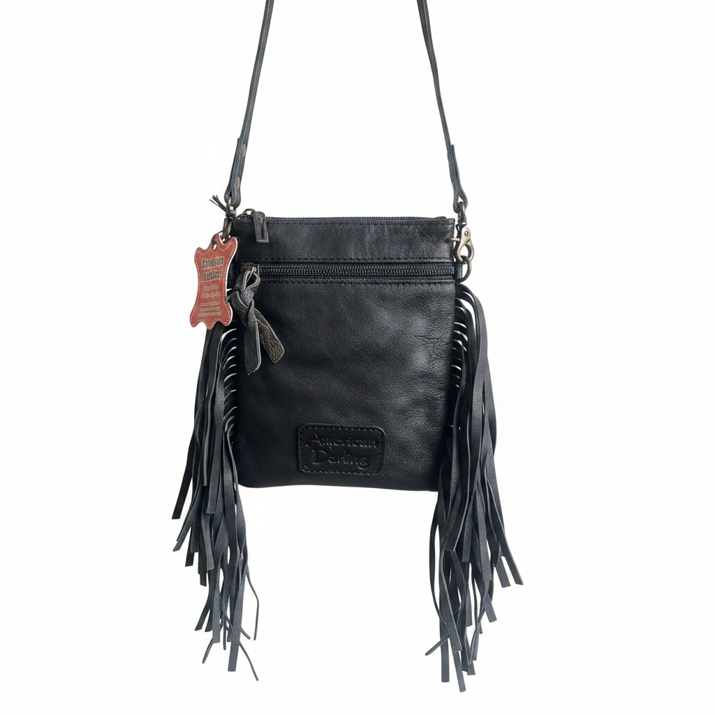 Bolsa crossbody cuero negro con flecos vista trasera