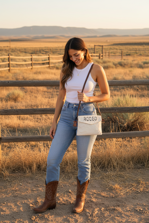 Woman in western outfit with cowboy boots carrying white cowhide RODEO crossbody bag at golden hour ranch setting