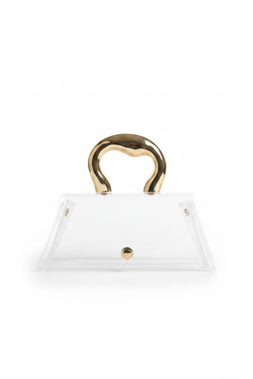 Bolsa transparente asa dorada escultural fondo blanco