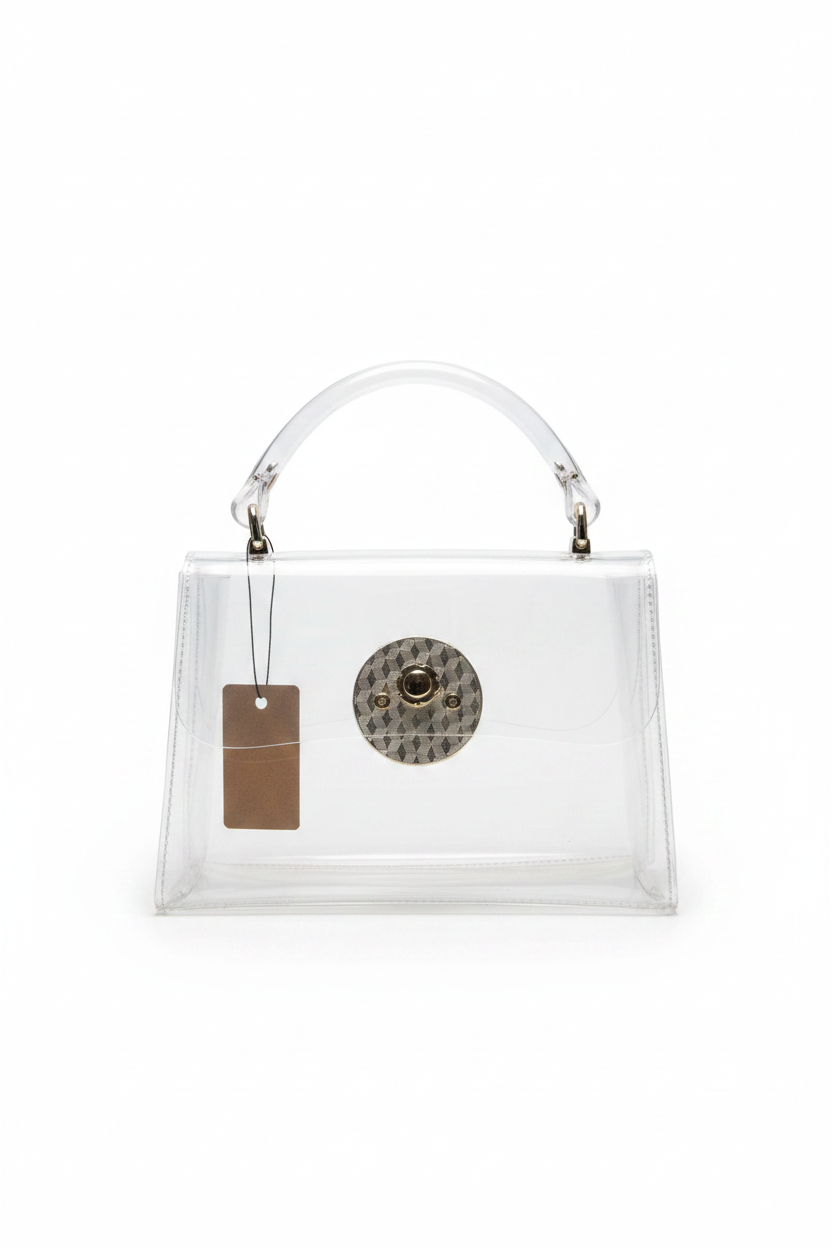 Bolsa transparente satchel cierre plateado fondo blanco