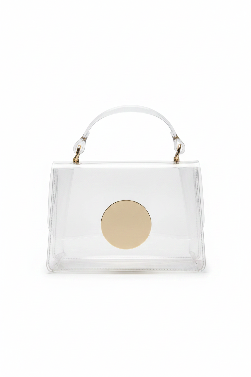 Bolsa transparente satchel cierre dorado fondo blanco
