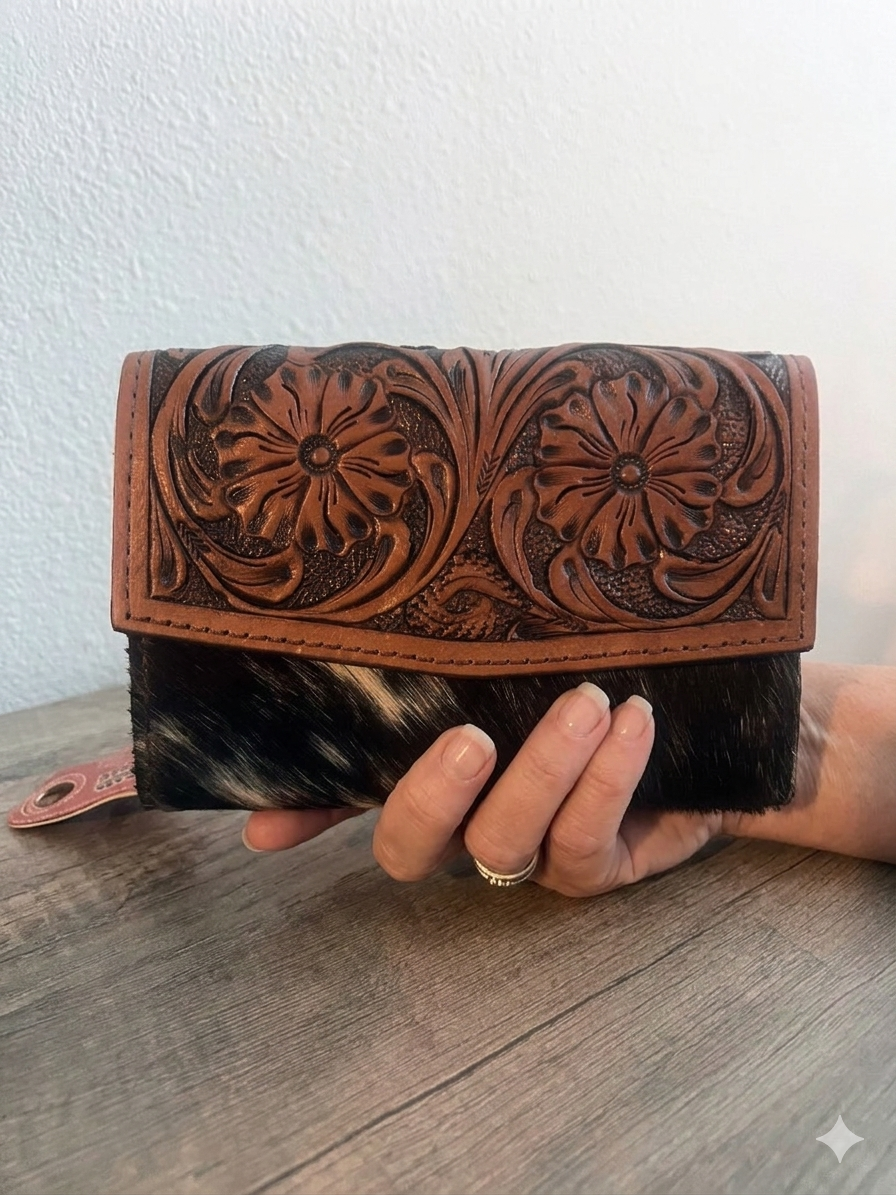 Western Leather Wallet with Cowhide Hair Patch