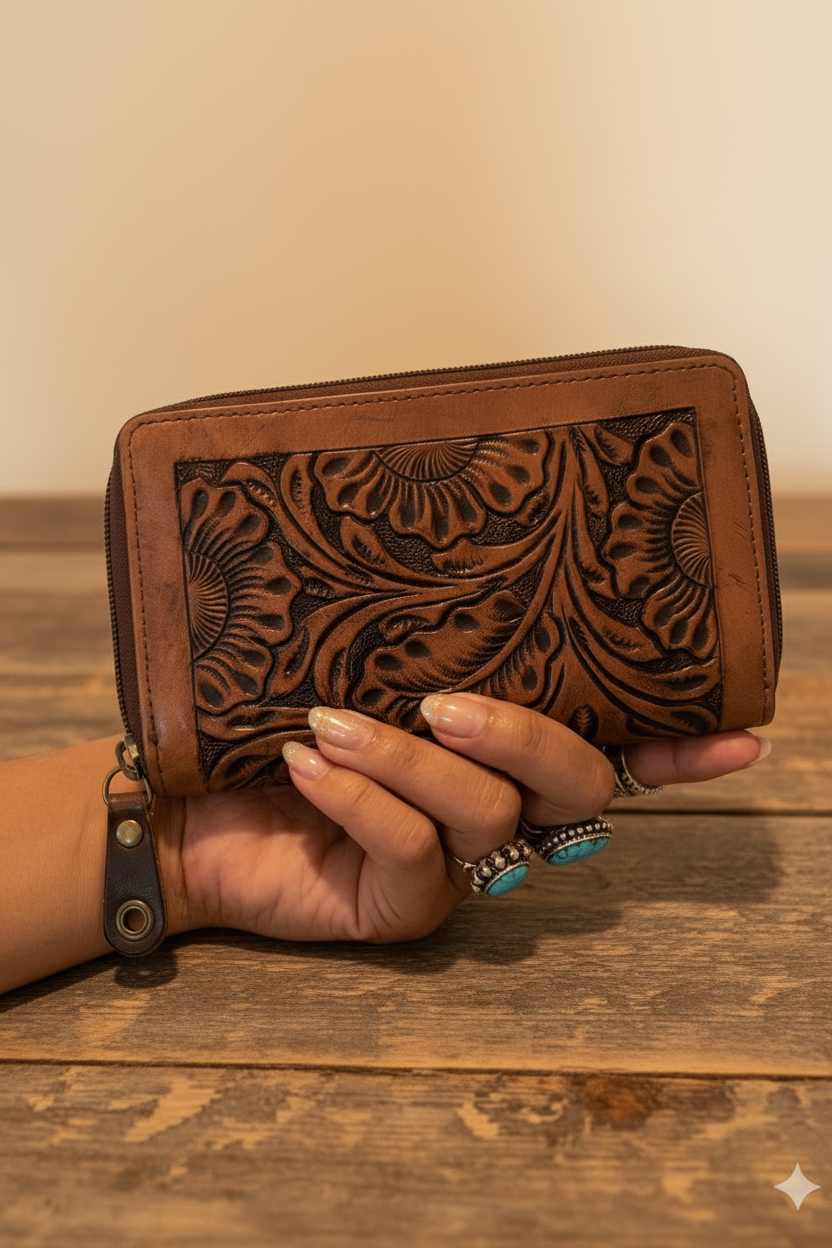 Hands with turquoise rings holding brown sunflower tooled leather zip-around wallet on rustic wood