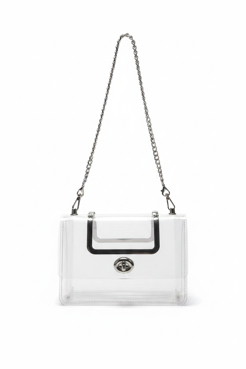 Bolsa transparente crossbody vista frontal fondo blanco