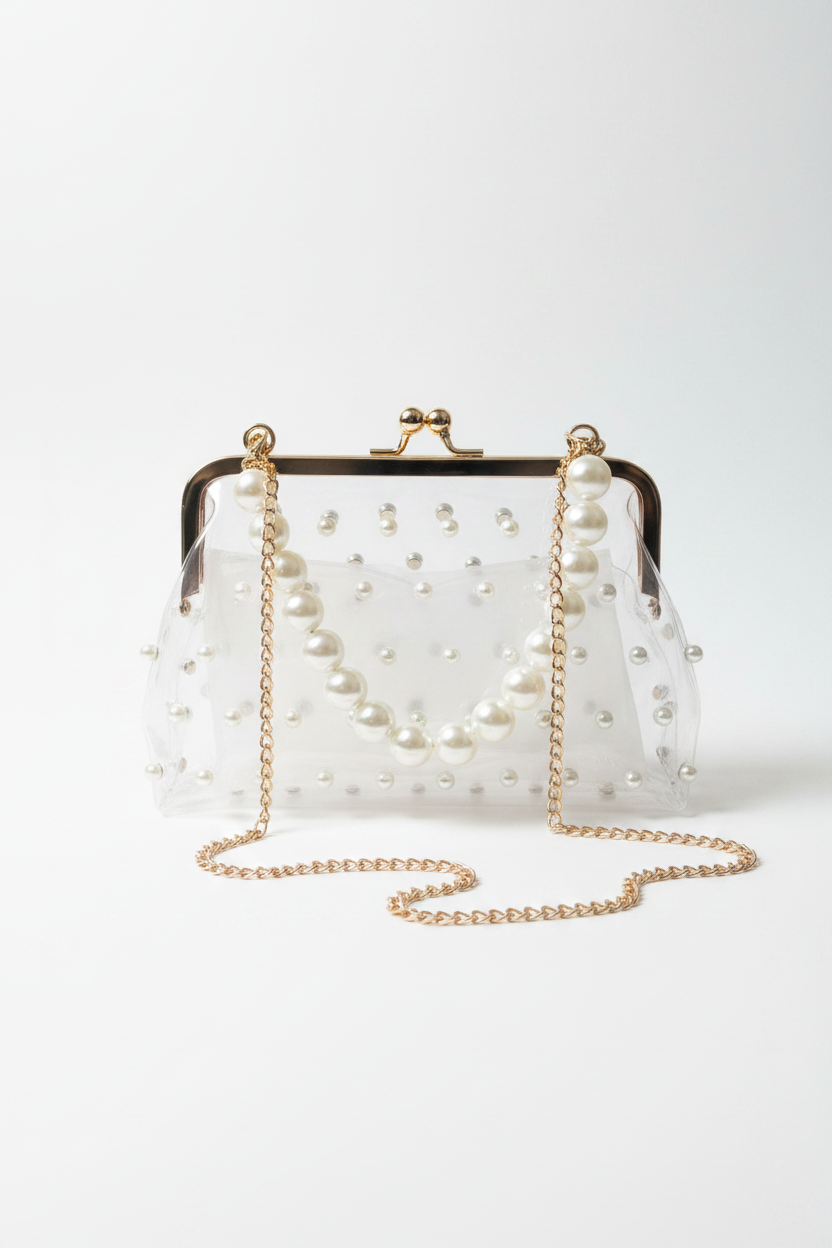 Bolsa transparente con perlas fondo blanco