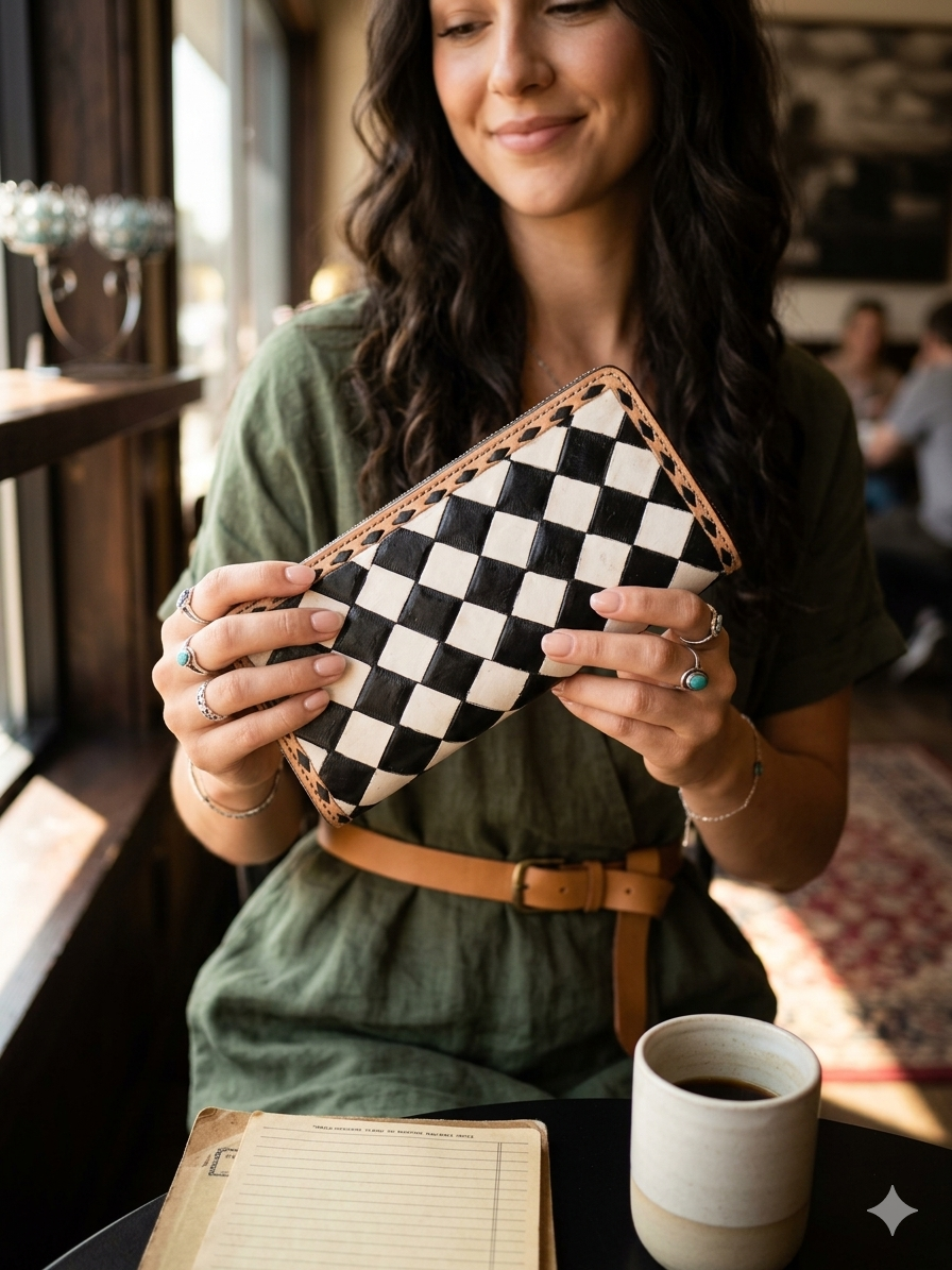 Western Leather Wallet  Black & White Diamond Tooling | Long Bifold Purse